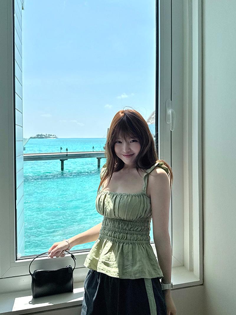 Frill Shirred Banding Pure Linen Blouse (3Color)