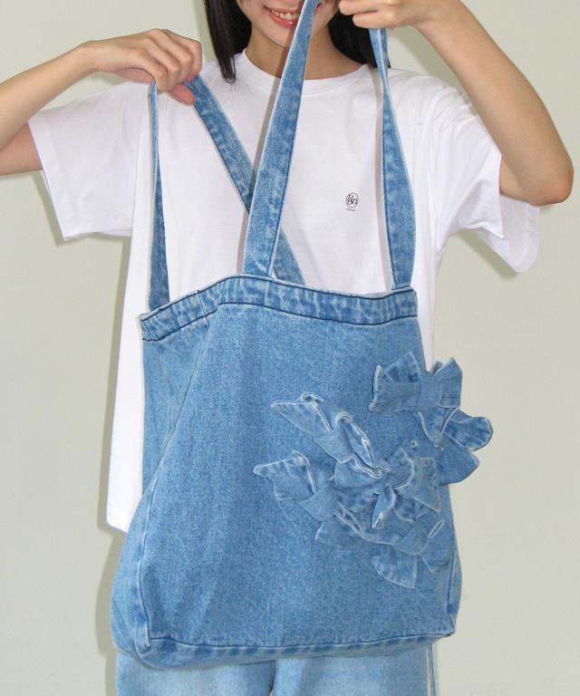 RIBBON POINTED DENIM TOTE BAG MEDIUM BLUE