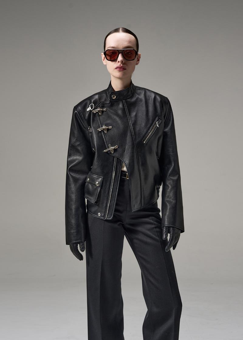 METAL-ACCENT FAUX LEATHER BIKER JACKET - BLACK