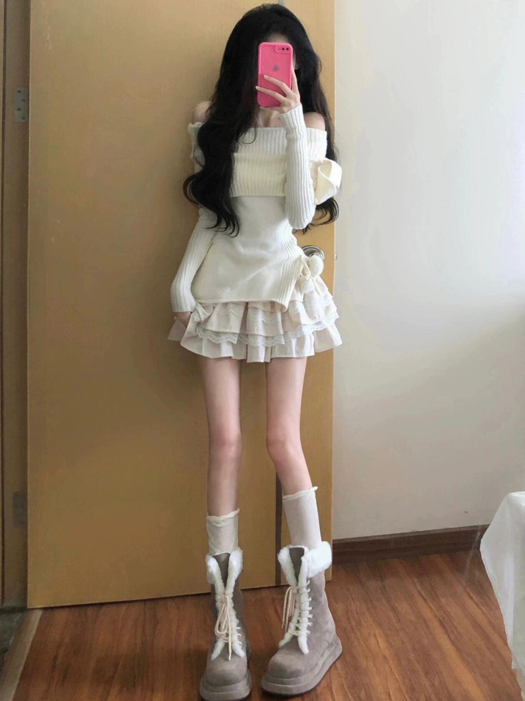 순수한 정욕 스타일 달콤한 원 숄더 보우 풀오버 스웨터 슬림 스웨터 탑 케이크 스커트 여성용 세트