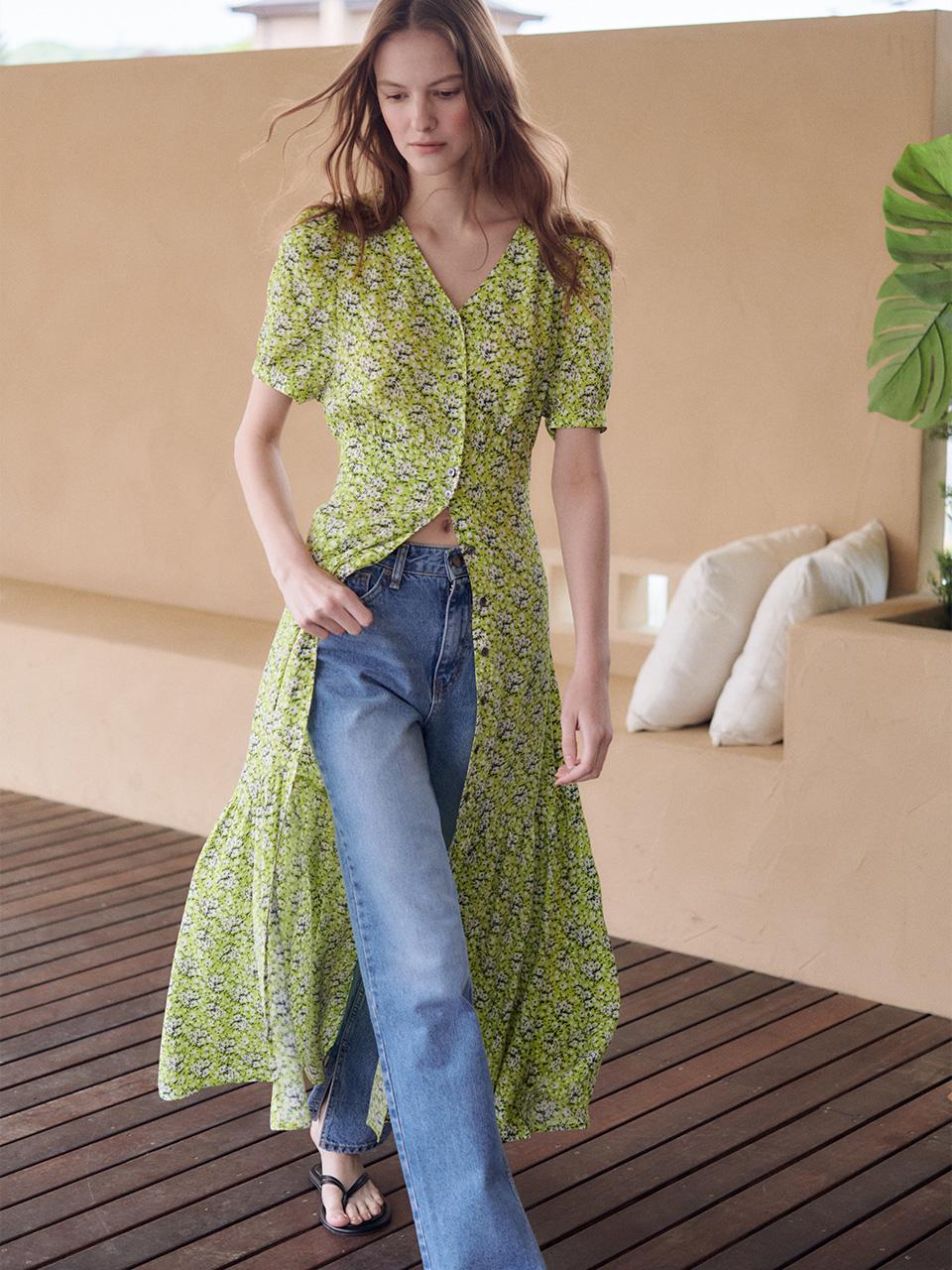 FLORAL PRINT ROBE MAXI DRESS [LIME YELLOW]
