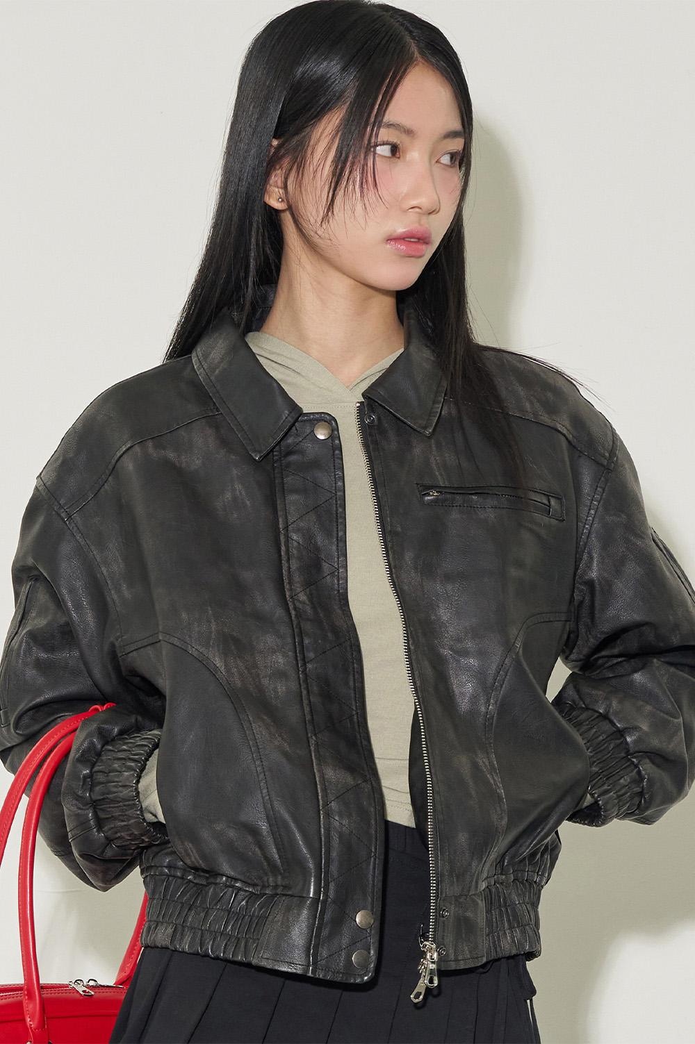 워시드 레더 봄버 자켓 블랙