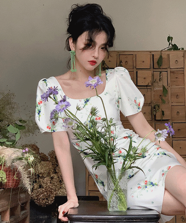 코네 러블리무드 스퀘어넥 숄더퍼프 플라워프린팅 슬림핏 롱원피스(롱원피스,미니원피스,슬리브리스)