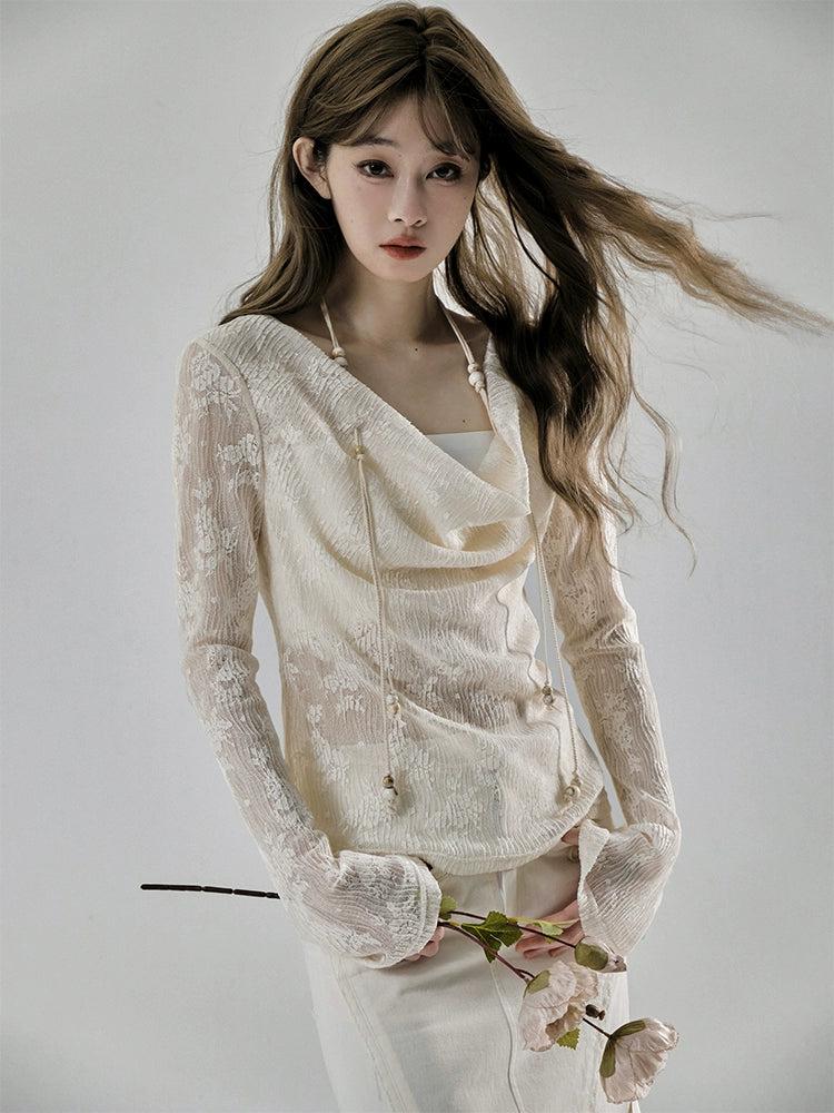 Swing Collar Lace Splicing Long Sleeve Top