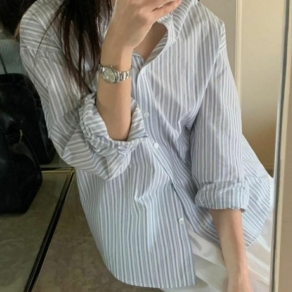 monique 모니크 쿠와무라 포켓 셔츠 스프라이프 여자 코튼 긴팔 sh (2col)