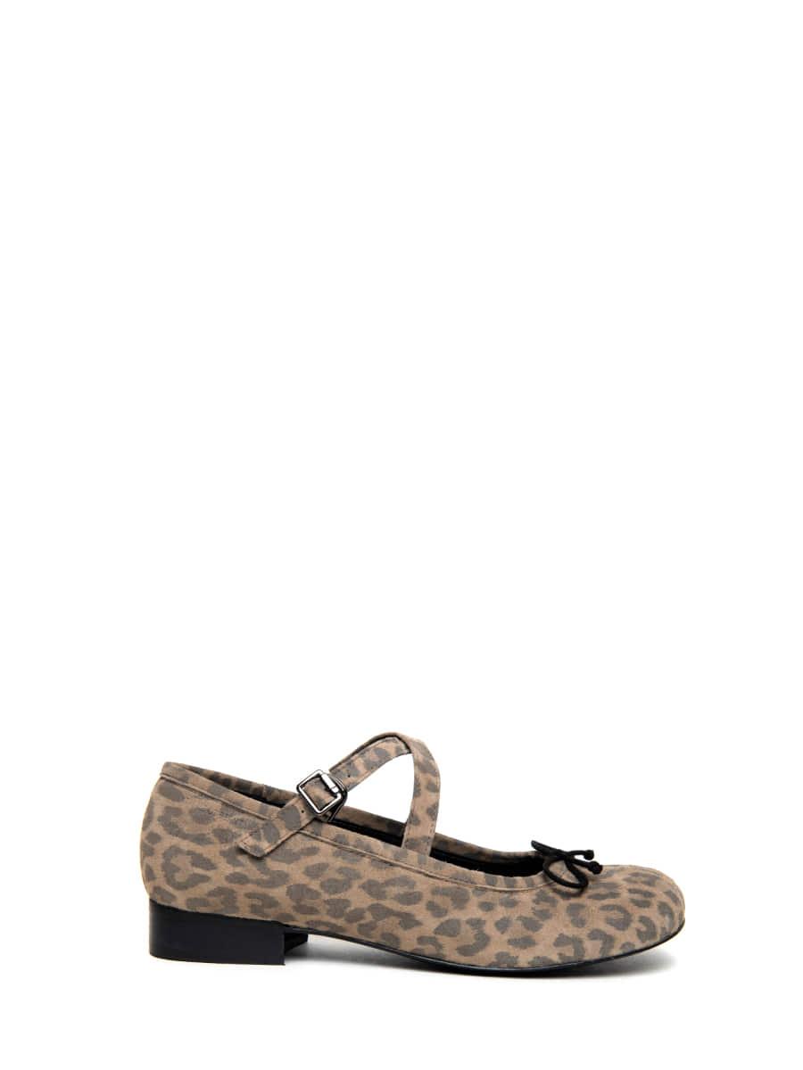 LEOPARD STRAP BALLERINA FLATS BROWN