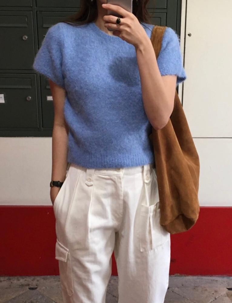 베이비블루당일/ Founders 파운더스 플러피 알파카 라운드 니트 반팔 수리 알파카 크롭 비니 fluffy aplaca round knit 3color