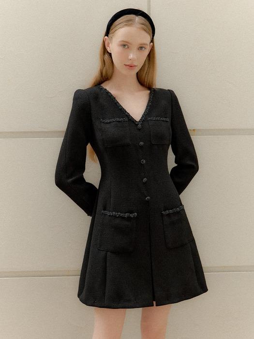 Tweed Pleats Trim Mini-Dress / Black(2color)