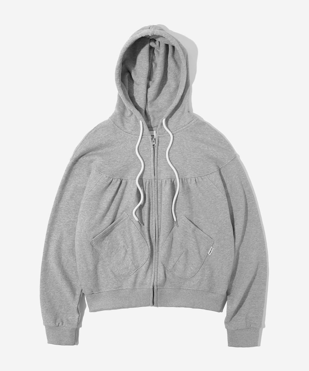 ke106-Shirring Hooded Zip Up Melange Gray