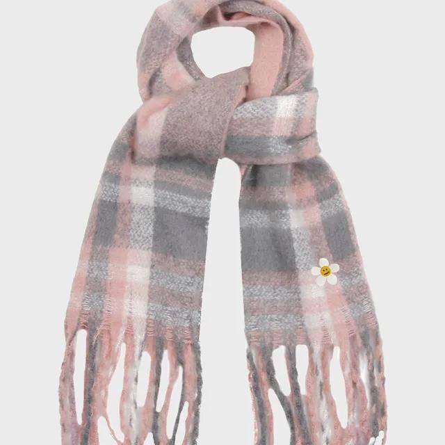 [UNISEX]플라워도트 자수 볼드 체크 머플러-핑크