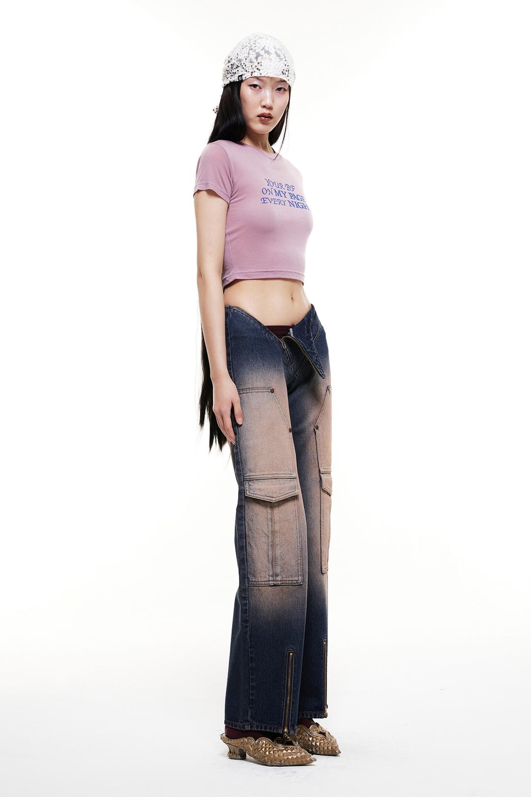 Diagonal Zipper Denim Pants Orange Indigo