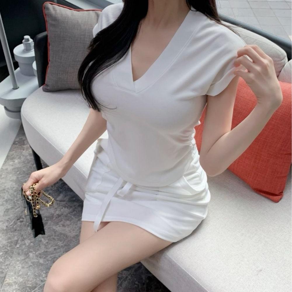 쉬프 트레이닝 SET (치마바지 스커트+롤업 브이넥 옆 셔링티) 2col