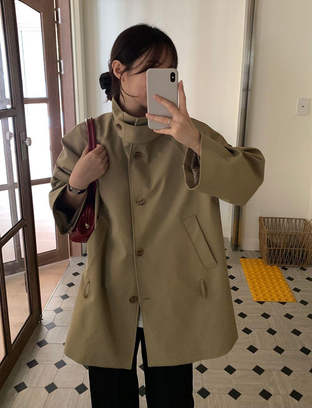 밀리유 하이넥 비조 투웨이 하프 트렌치 코트(2color) 카라넥 봄 아우터 간절기 오버핏 하프자켓 벨트