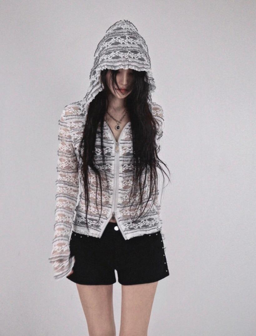 시크윈 [7/9순차발송] HIPPIE SEE-THROUGH LACE TWO-WAY ZIP-UP HOOD CARDIGAN 히피 시스루 레이스 투웨이 집업 후드가디건
