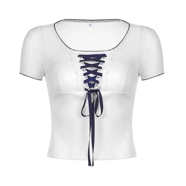 (발레코어) 블루 리본 레이스 아일렛 반팔