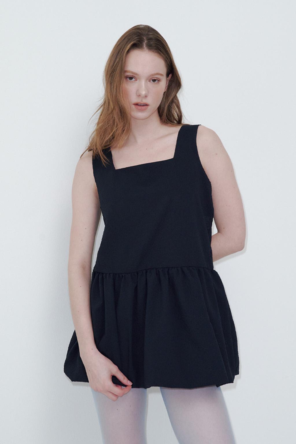 Seersucker Balloon Sleeveless Dress Black
