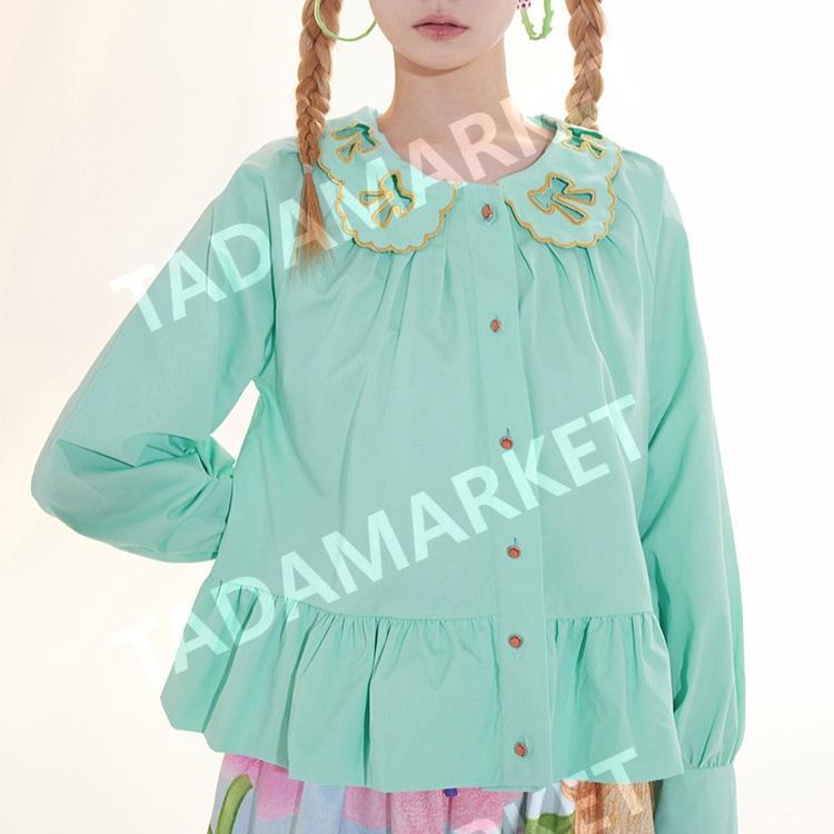 TNTNTUTU 민트 셔츠 둥근카라 리본 러플 귀여운 면셔츠