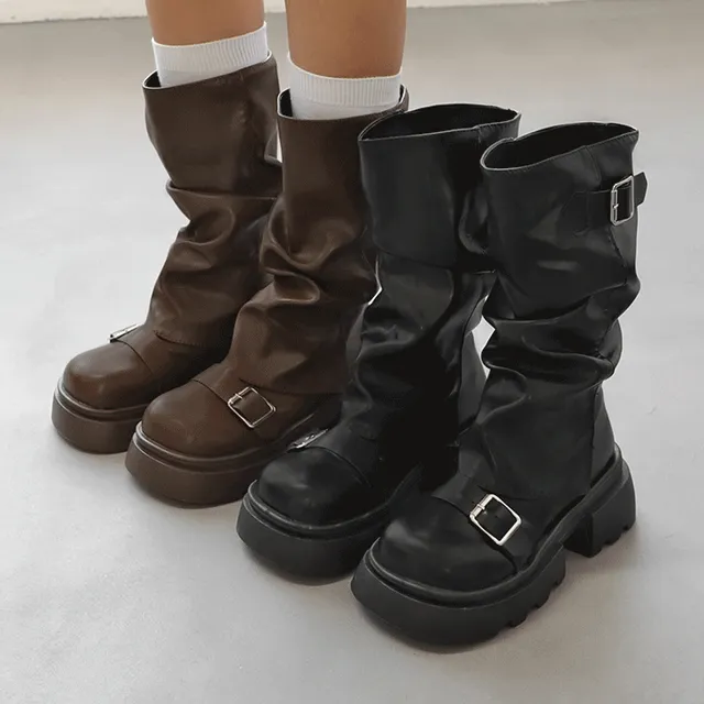 🔥오늘출고/추가금X🔥 칼난 바이커 헌트 키치 힙스터 라운드토 셔링 워머 버틀 통굽 부츠(6.0cm)