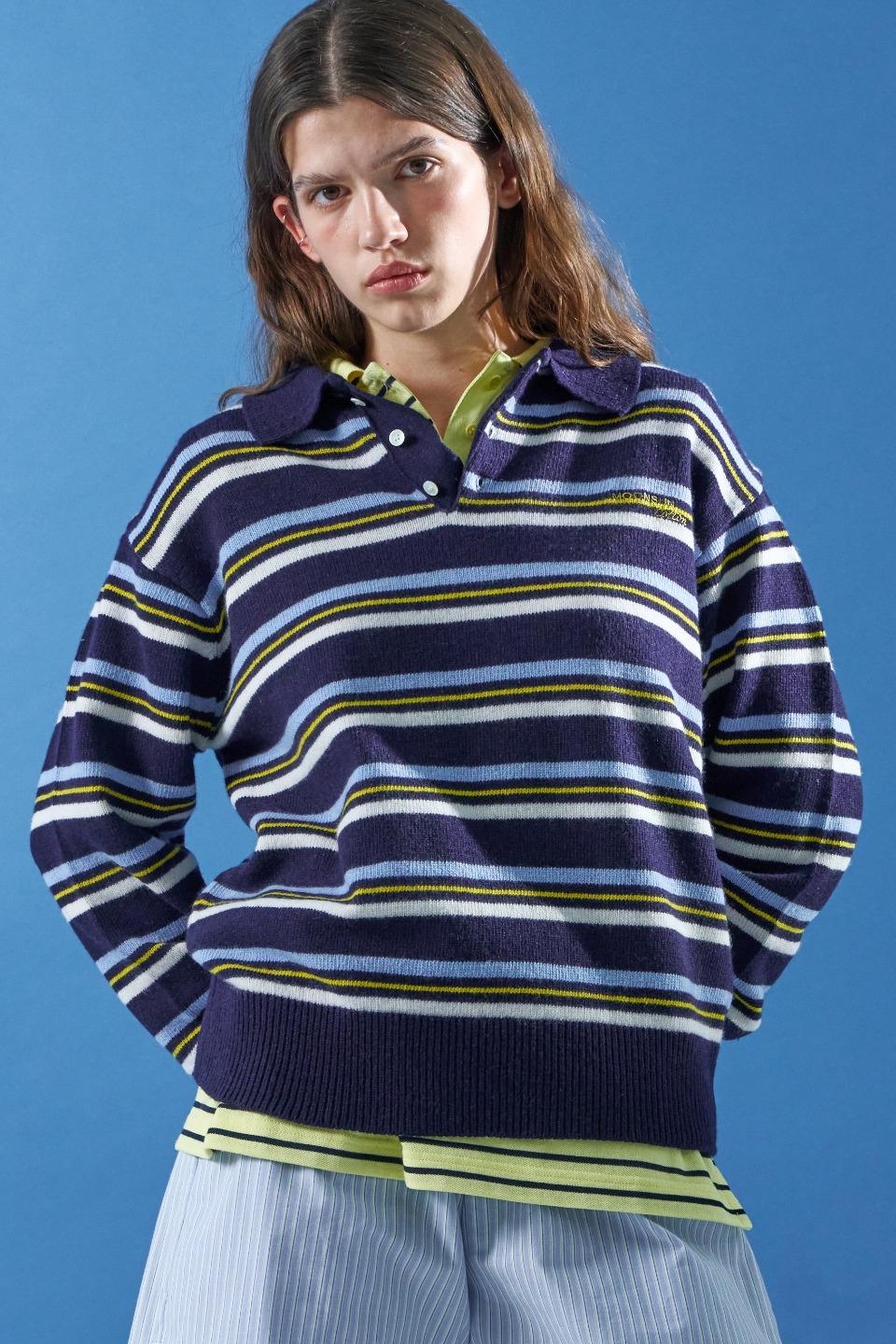 M.C UNISEX, Stripe Wool Collar Knit / Navy