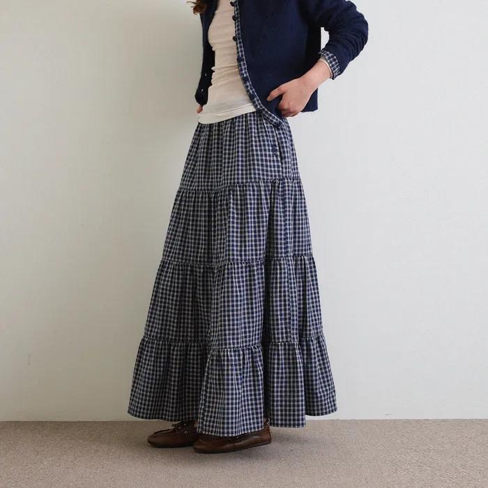 [기장선택] 맥시 티어드 스커트_Navy Check