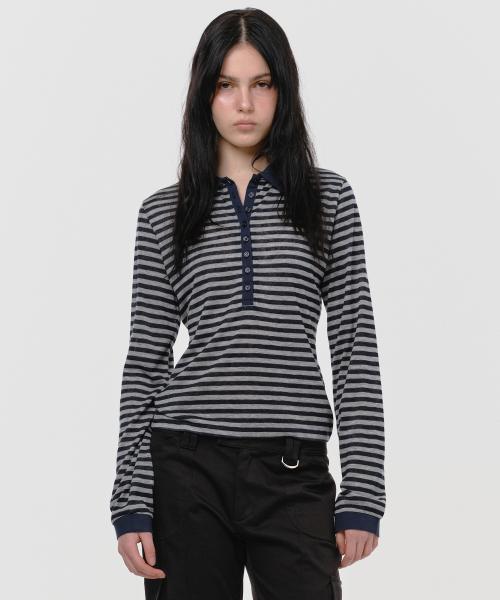 BUTTON UP STRIPE LONG SLEEVE TOP, NAVY