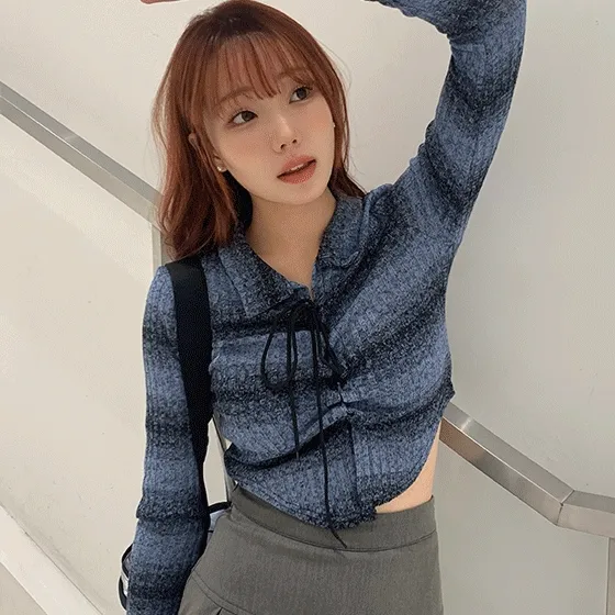 [핏보장] y2k 빈티지 키치 스트라이프 줄무늬 카라 코르셋 엑스 스트링 리본 크롭 긴팔티 가디건 핑크 블루 그레이 (3color)