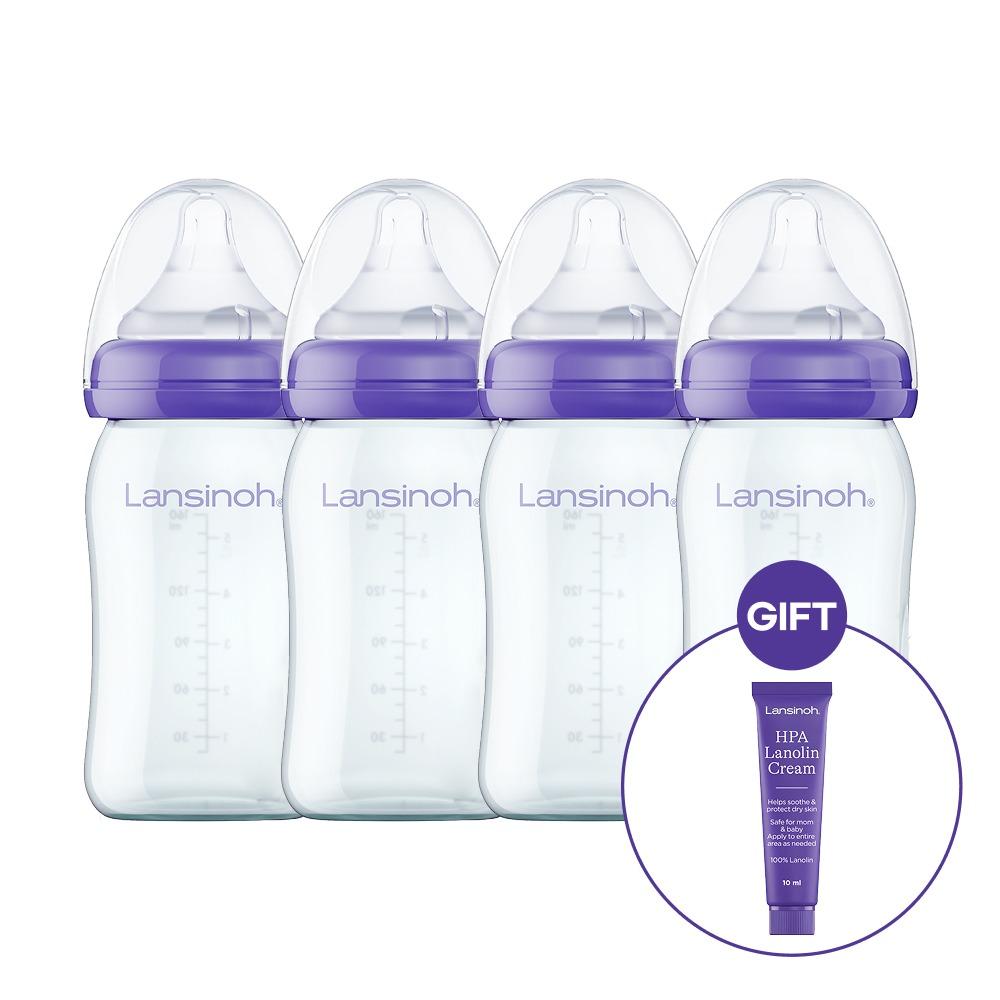 [공식몰 한정] 란시노 유리젖병 160ml 신생아 아기  4세트 (젖꼭지S 포함 / 라놀린 크림 7g 증정)