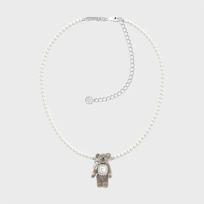 (W) SQUARE STONE PLUSH BEAR PEARL NECKLACE (LIGHT BROWN)