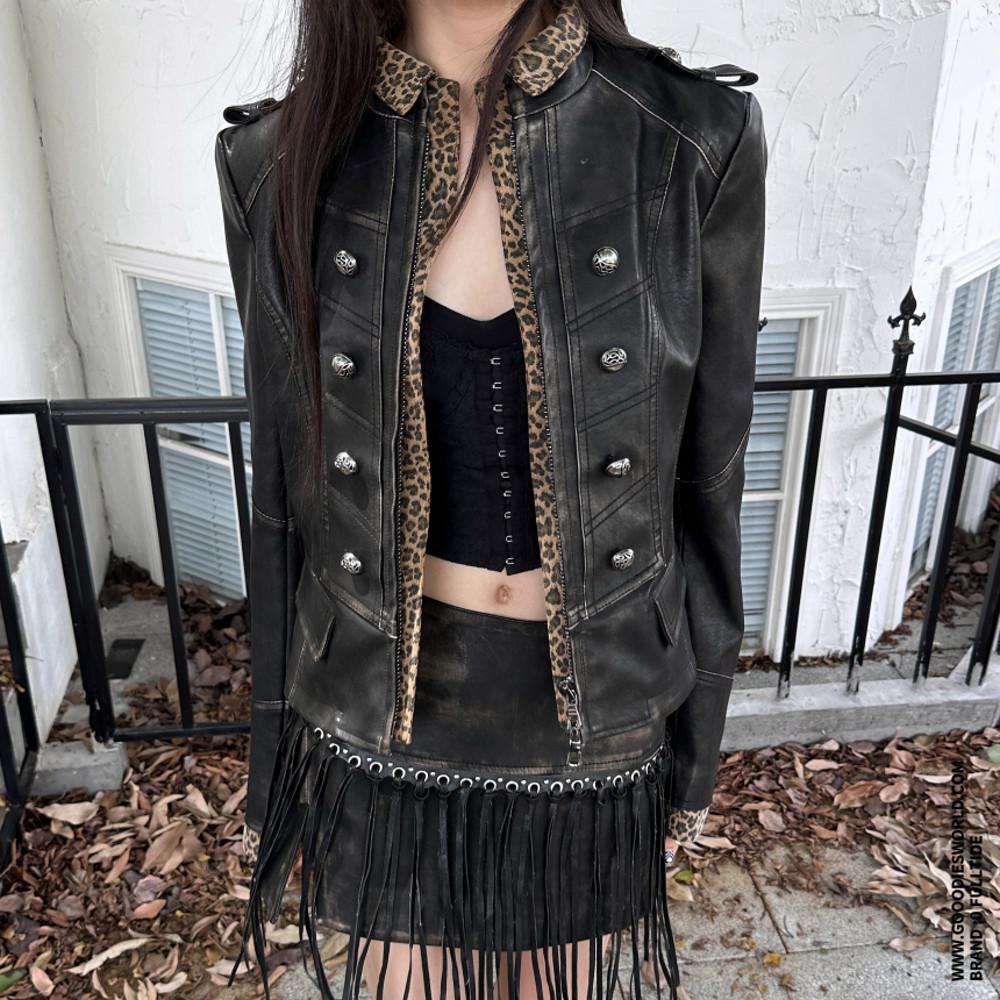 FULLTIDE 가죽자켓 펑크 스트리트 스타일 레오타드 프린팅 슬림핏 자켓