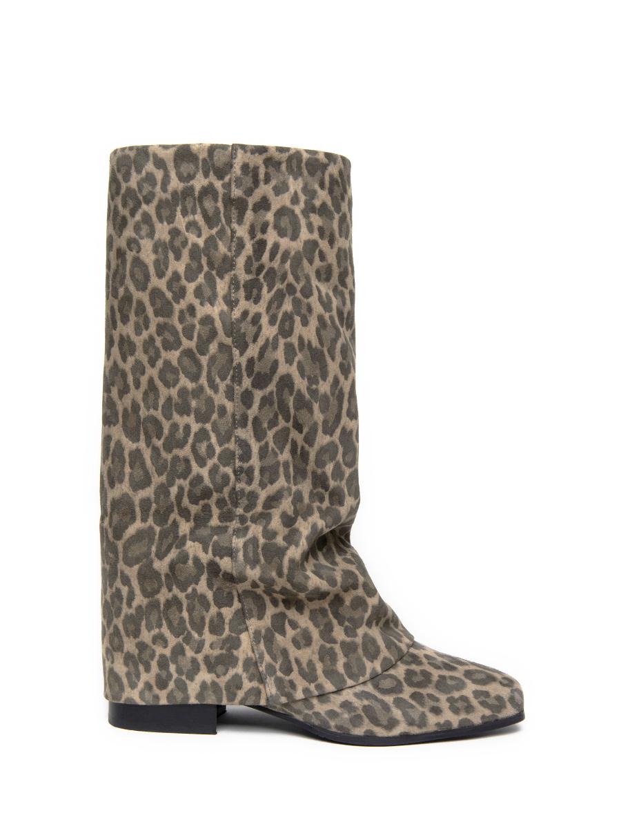 Leopard Wrinkle Leather Boots (Brown)