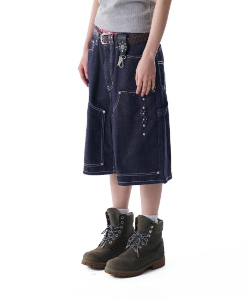 Studded Double Knee Bermuda Denim Pants (Dark Blue)
