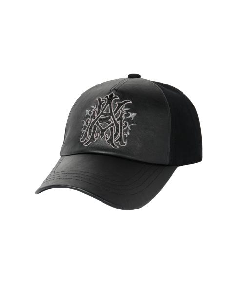 Leather Mixed Logo Ball Cap (Black)