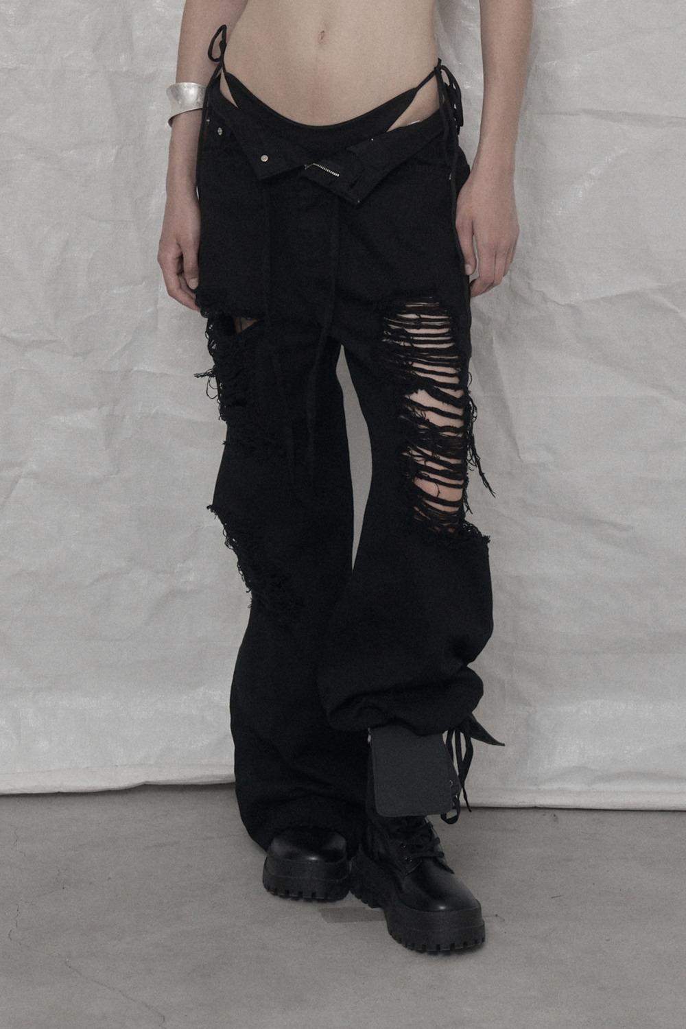 SCRATCH DAMAGE WIDE DENIM PANTS BLACK