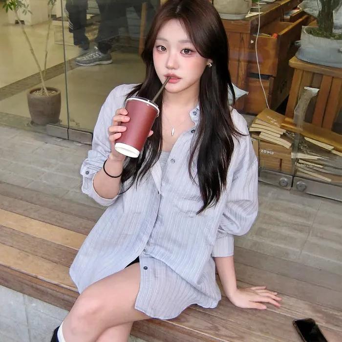 스트라이프 시스루 오버핏 셔츠 그레이 [MDSH019STGRAY]