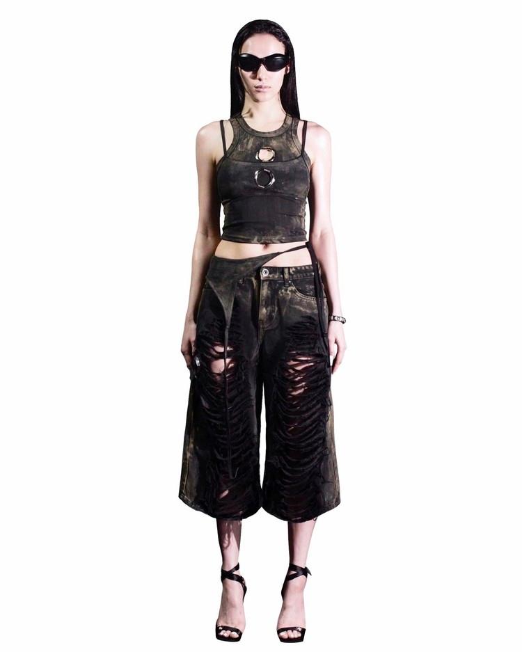 DAMAGED AND PAINT WASHED PANTS IN MUD BROWN : KIMYO