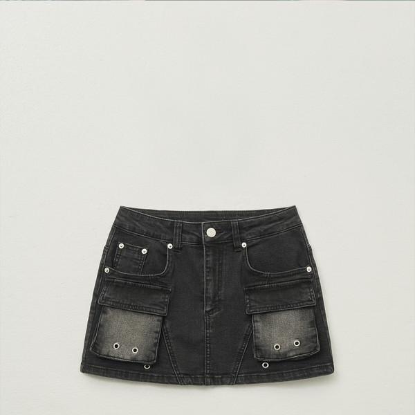 보헤미안 워시드 데님 스커트 [딥 그레이]