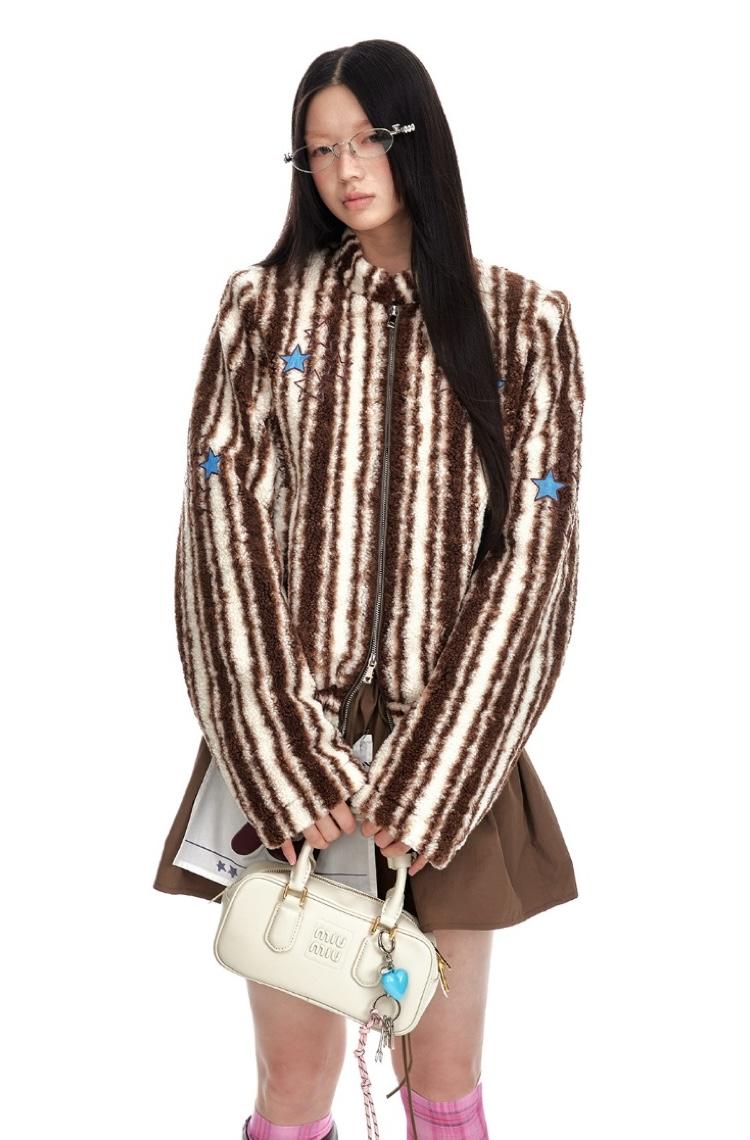 JIKOO Crisp Maillard Stripe Plush Fur Short Jacket