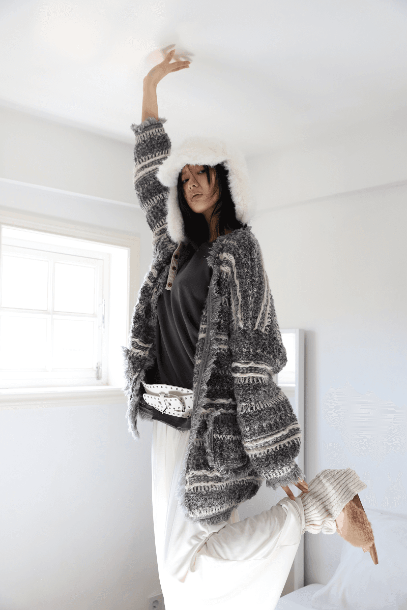 히피 트위드 루즈 가디건