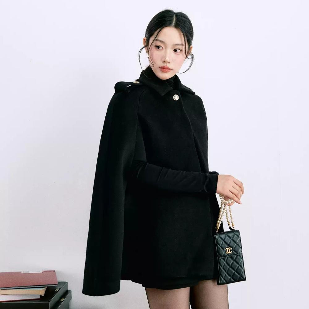 LaluneDuCiel 블랙 케이프코트 울 카라 망토 판쵸 코트