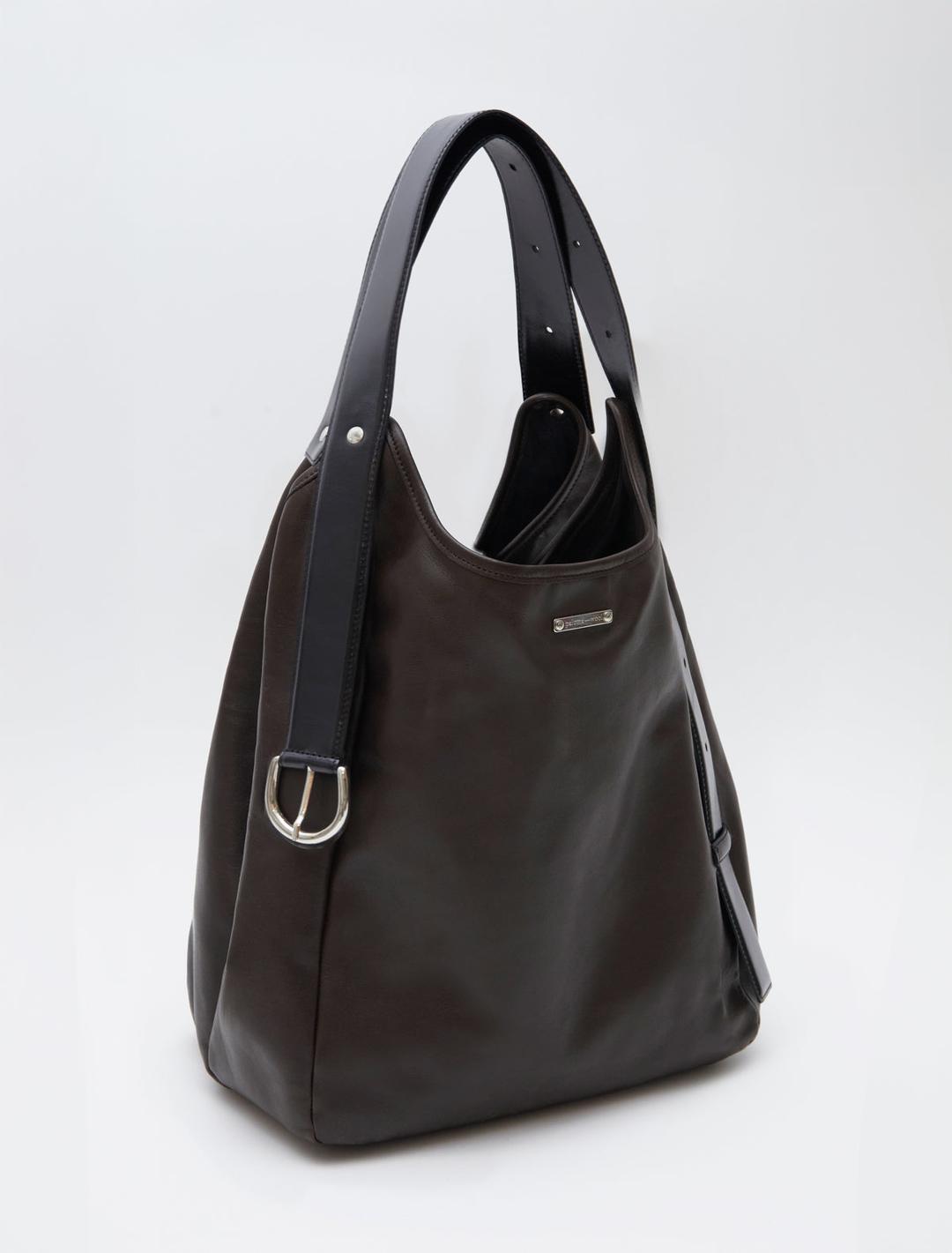 BIG EMILIE BAG-Brown big bucket bag featuring a belt-inspired handle design