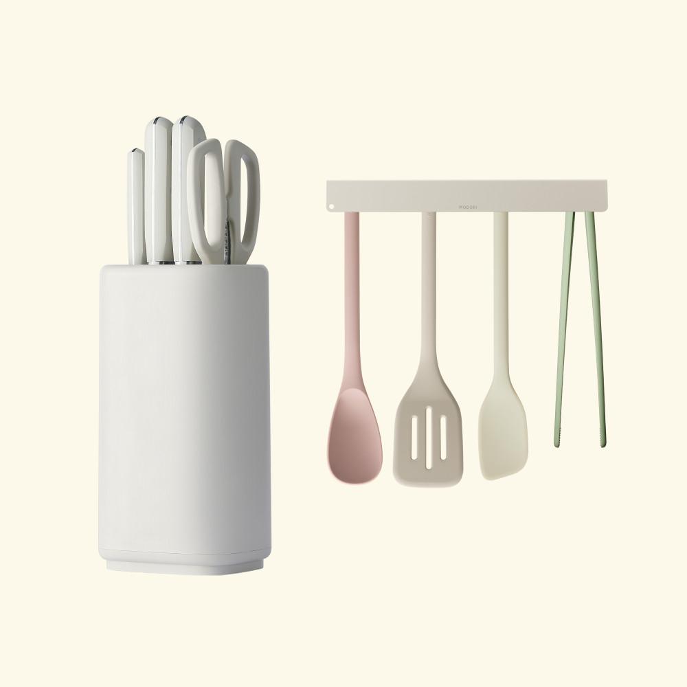 모도리 깔끔 칼세트(칼3종+가위+4구 칼블럭)+마그넷 조리도구 세트(2colors)