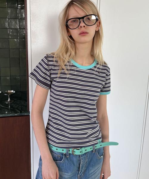 DESTROYED STRIPE ASYM RINGER T-SHIRT / charcoal blue