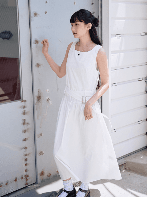 레이어드 벨티드 롱 원피스 [화이트]