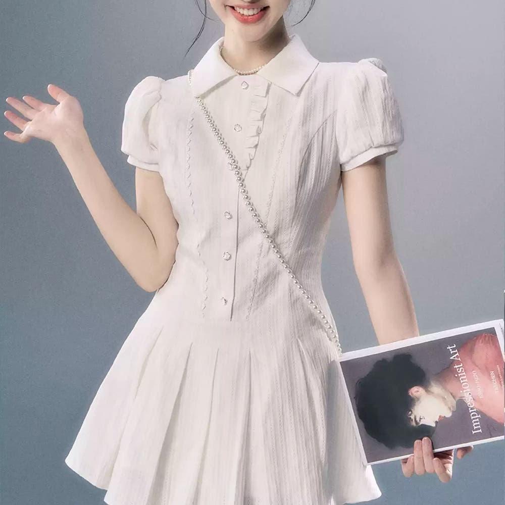 OAKMOO A라인 퍼프소매 반팔 셔츠 원피스 출근룩 화이트