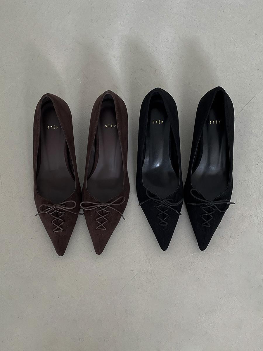 밴지르르 빠른 배송💫[스웨이드🤎키튼힐]카츠 스웨이드 리본 스틸레토힐 뾰족구두 레이스업 키튼힐 여자구두 4cm