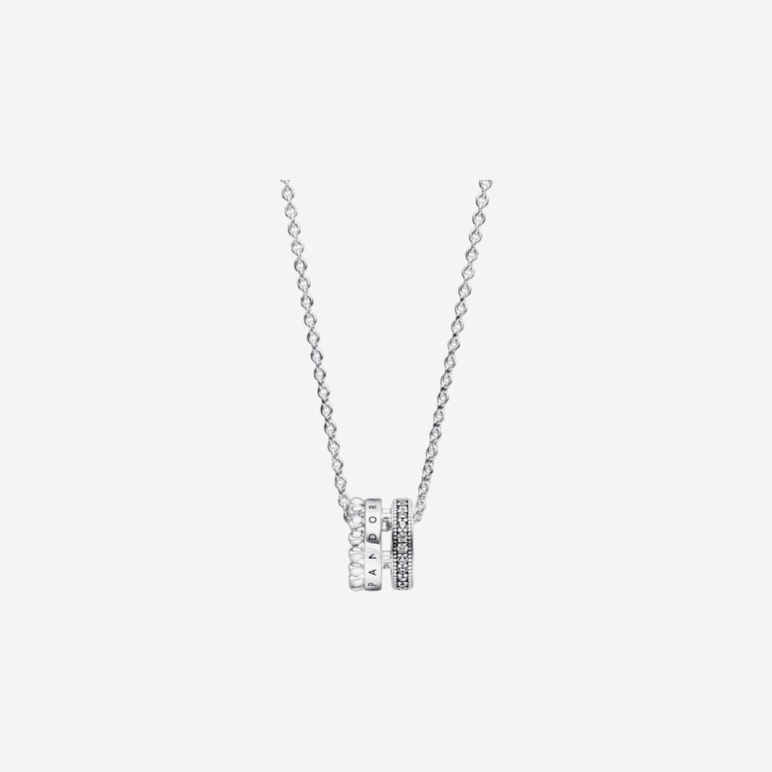(W) Pandora Signature Logo Pave & Beads Necklace Silver