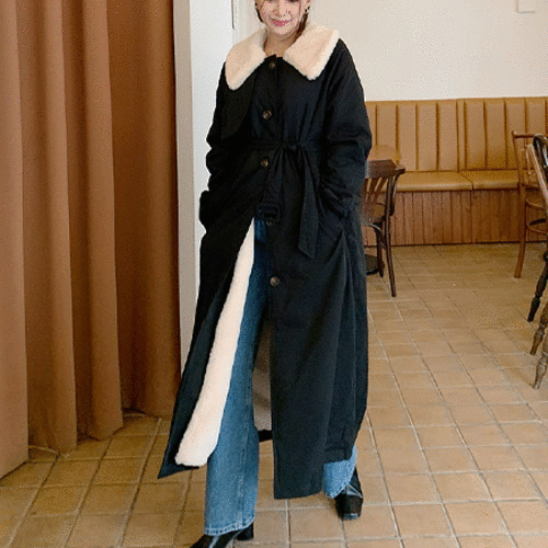 밍크 퍼 안감 빅 카라 버튼 스트랩 롱 트렌치 코트(2color)