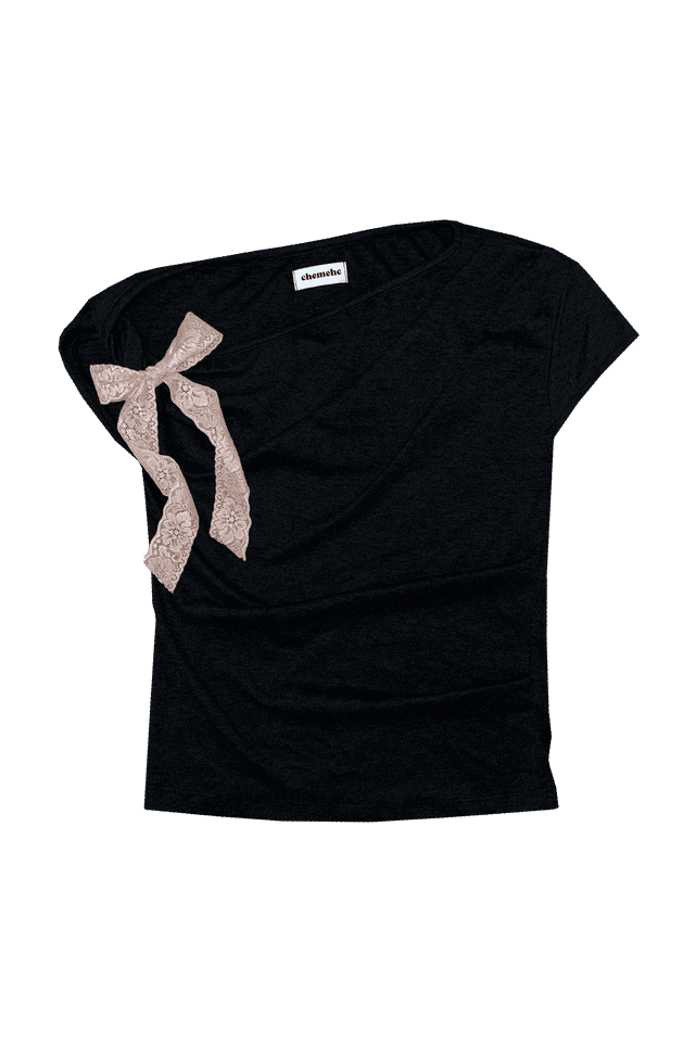 DRAPED TWIST RIBBON T-SHIRT (BLACK)