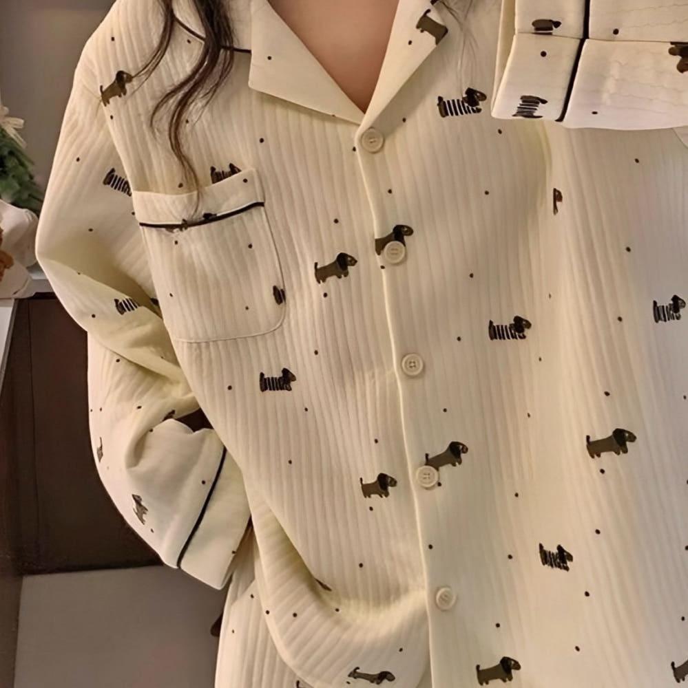 [코튼 누빔] 여성 누빔 잠옷 세트 귀여운 파자마 선물 홈웨어 퍼피 도트