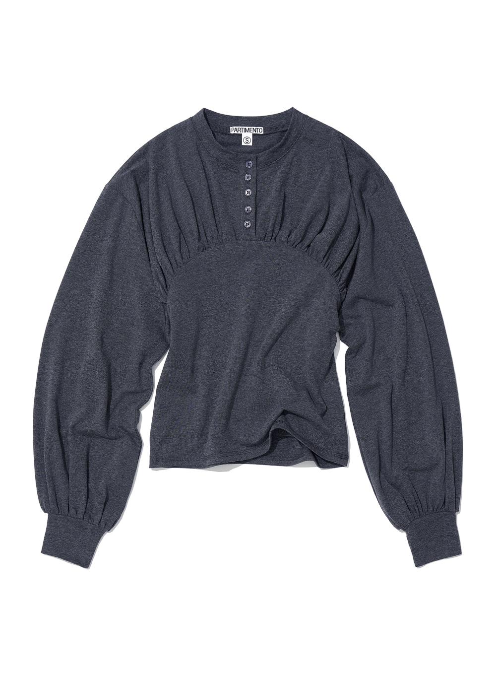 [WOMEN] SHIRRING HENLEY NECK LONG SLEEVE TEE_CHARCOAL MELANGE